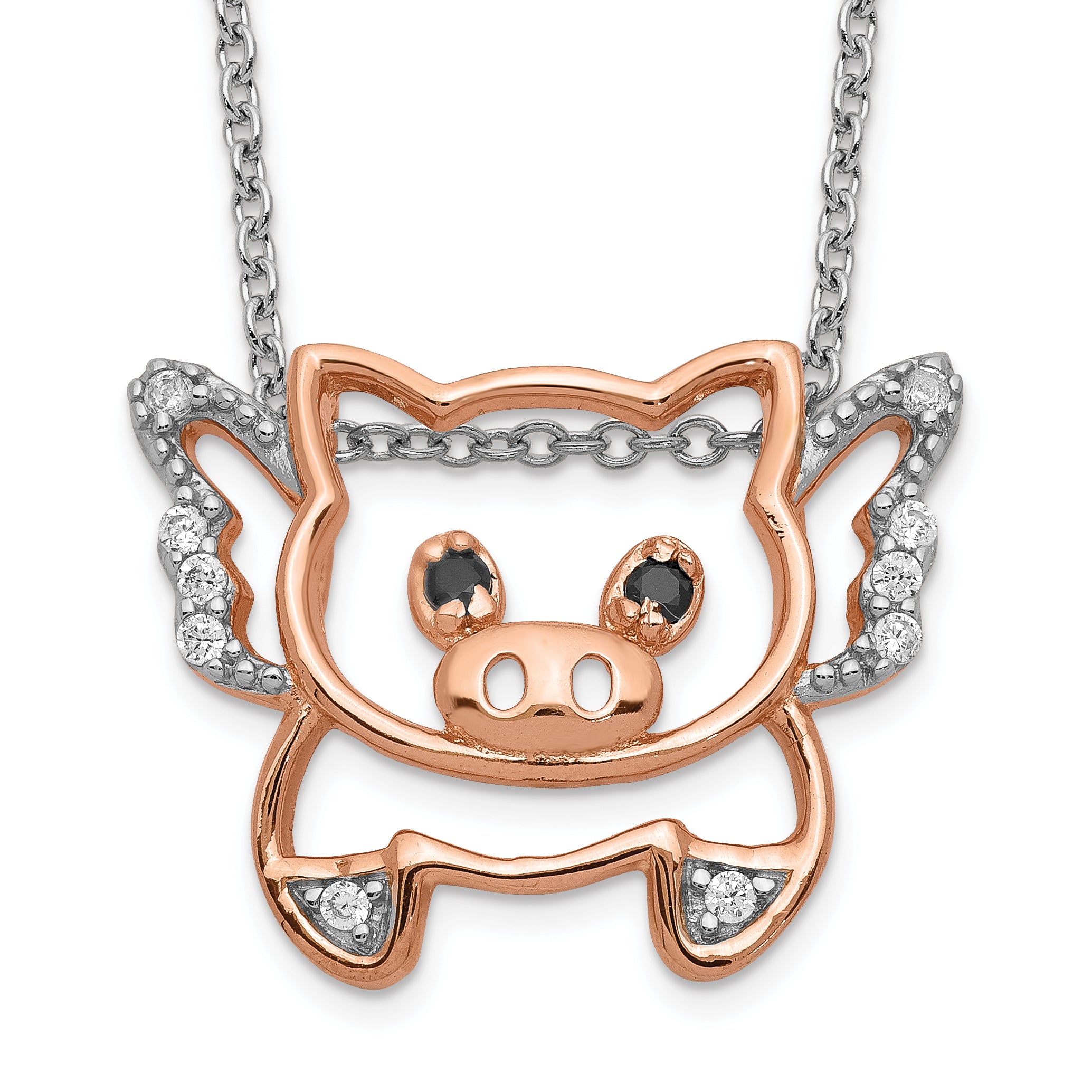 Cheryl M Sterling Silver Rose Gold-plated Brilliant-cut Black Glass and Brilliant-cut White CZ Flying Pig 18 Inch Necklace