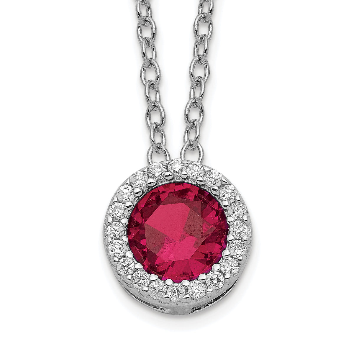 Cheryl M Sterling Silver Rhodium-plated Brilliant-cut Lab Created Ruby and Brilliant-cut White CZ Round Halo 18 Inch Necklace