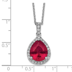 Cheryl M Sterling Silver Rhodium-plated Brilliant-cut Lab Created Ruby and Brilliant-cut White CZ Teardrop Halo 18 Inch Necklace