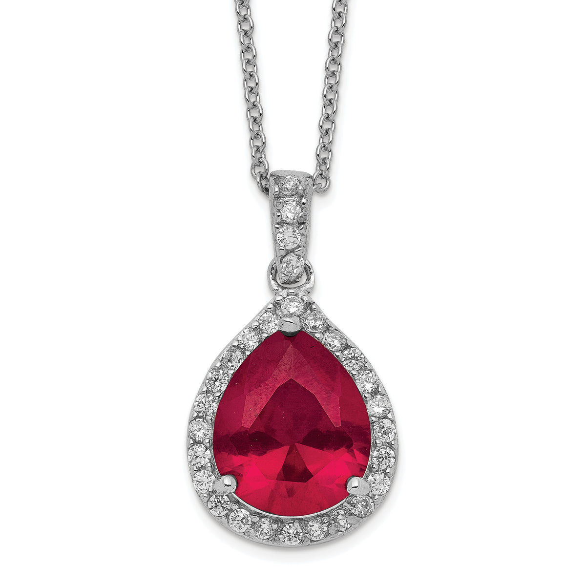 Cheryl M Sterling Silver Rhodium-plated Brilliant-cut Lab Created Ruby and Brilliant-cut White CZ Teardrop Halo 18 Inch Necklace