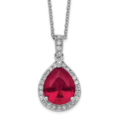 Cheryl M Sterling Silver Rhodium-plated Brilliant-cut Lab Created Ruby and Brilliant-cut White CZ Teardrop Halo 18 Inch Necklace