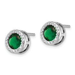 Sterling Silver Rhodium-Plated CZ & Green Glass Halo Earrings Polished Finish