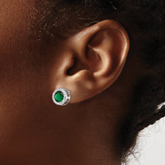 Sterling Silver Rhodium-Plated CZ & Green Glass Halo Earrings Polished Finish