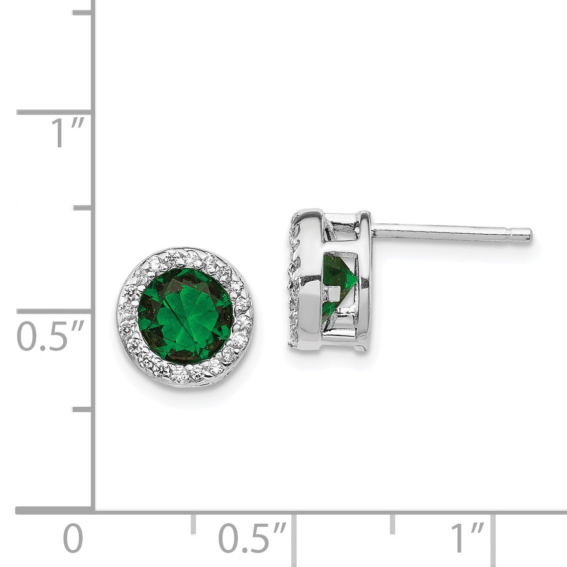 Sterling Silver Rhodium-Plated CZ & Green Glass Halo Earrings Polished Finish