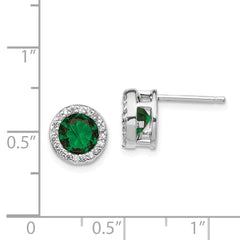 Sterling Silver Rhodium-Plated CZ & Green Glass Halo Earrings Polished Finish