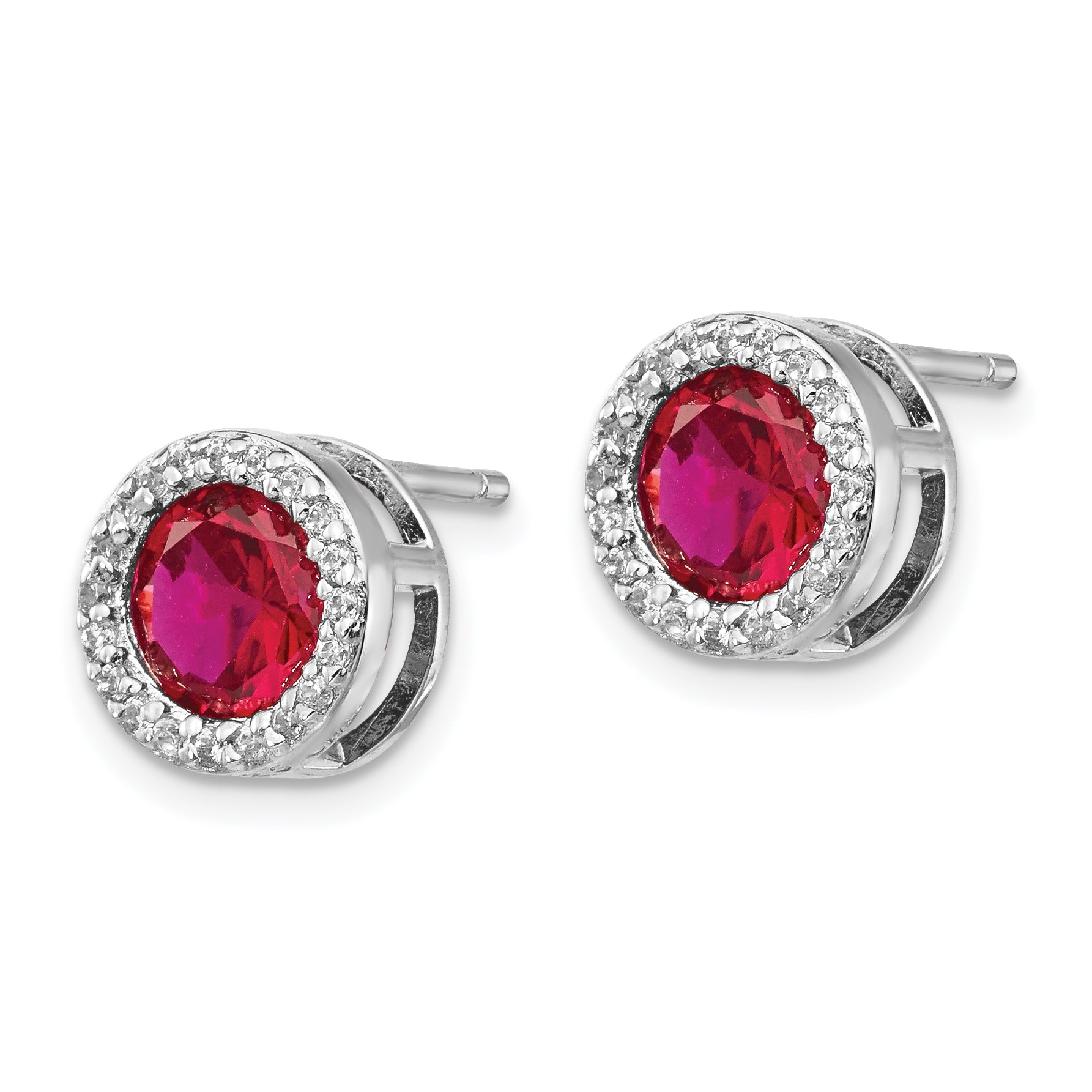 Cheryl Sterling Silver Ruby & CZ Halo Earrings with Rhodium Plating, Polished Finish