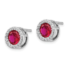 Cheryl Sterling Silver Ruby & CZ Halo Earrings with Rhodium Plating, Polished Finish