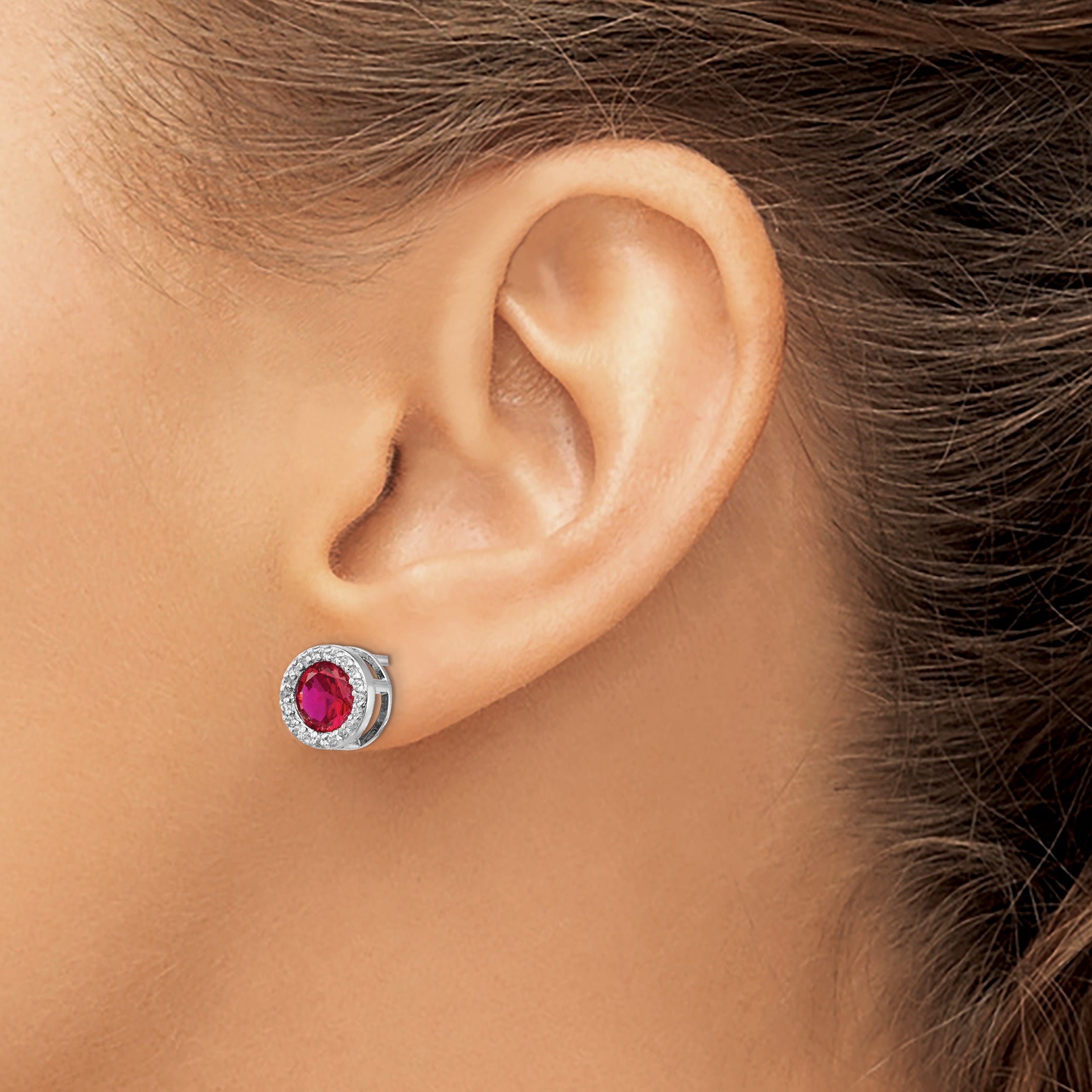 Cheryl Sterling Silver Ruby & CZ Halo Earrings with Rhodium Plating, Polished Finish