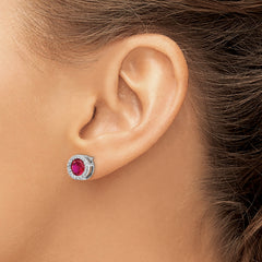 Cheryl Sterling Silver Ruby & CZ Halo Earrings with Rhodium Plating, Polished Finish