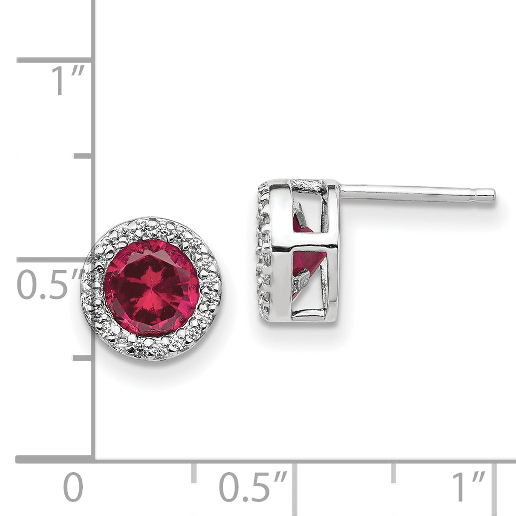 Cheryl M Sterling Silver Rhodium-plated Brilliant-cut Lab Created Ruby and Brilliant-cut White CZ Round Halo Post Earrings