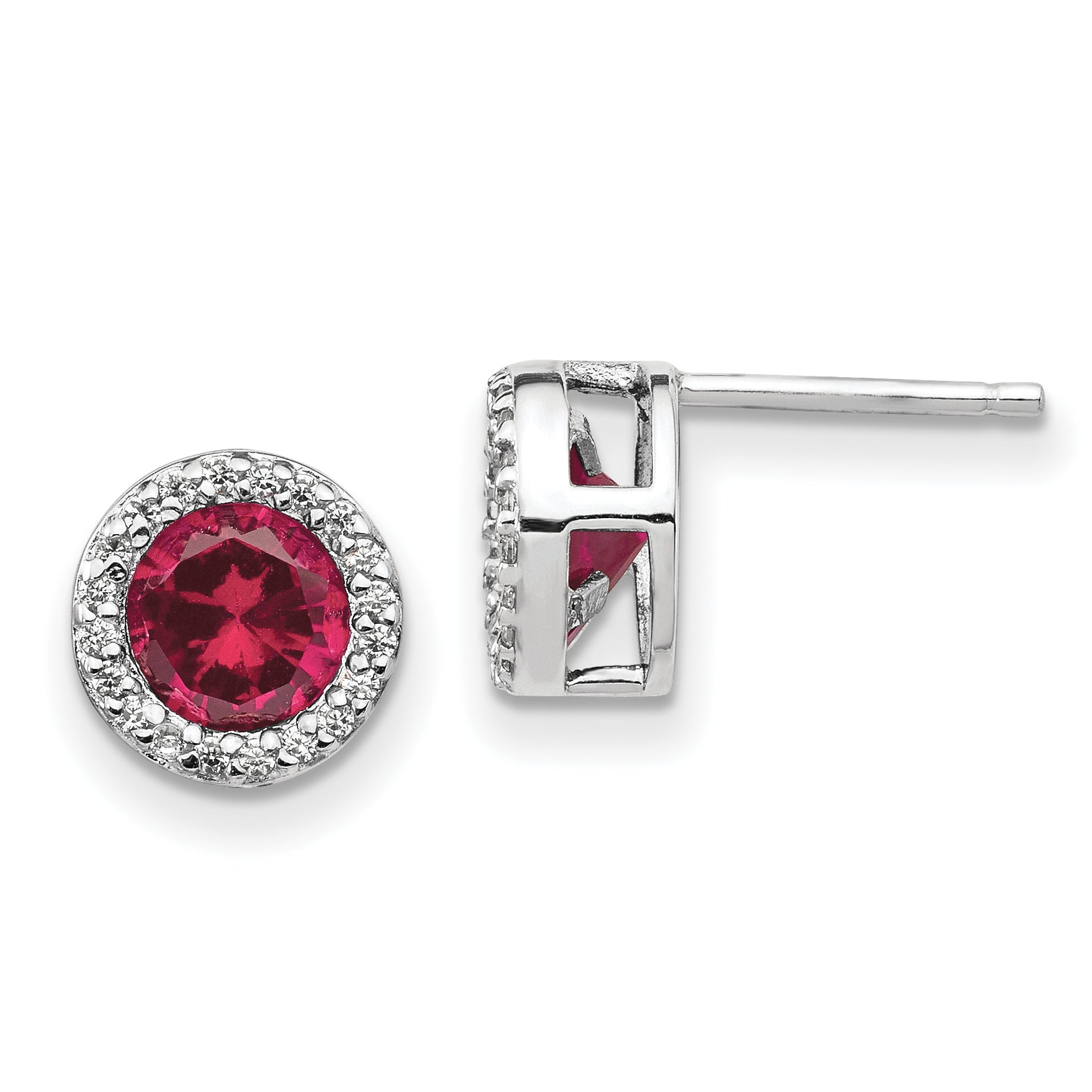 Cheryl M Sterling Silver Rhodium-plated Brilliant-cut Lab Created Ruby and Brilliant-cut White CZ Round Halo Post Earrings