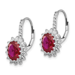 Cheryl M Sterling Silver Rhodium-plated Brilliant-cut Lab Created Ruby and Brilliant-cut White CZ Oval Halo Leverback Earrings