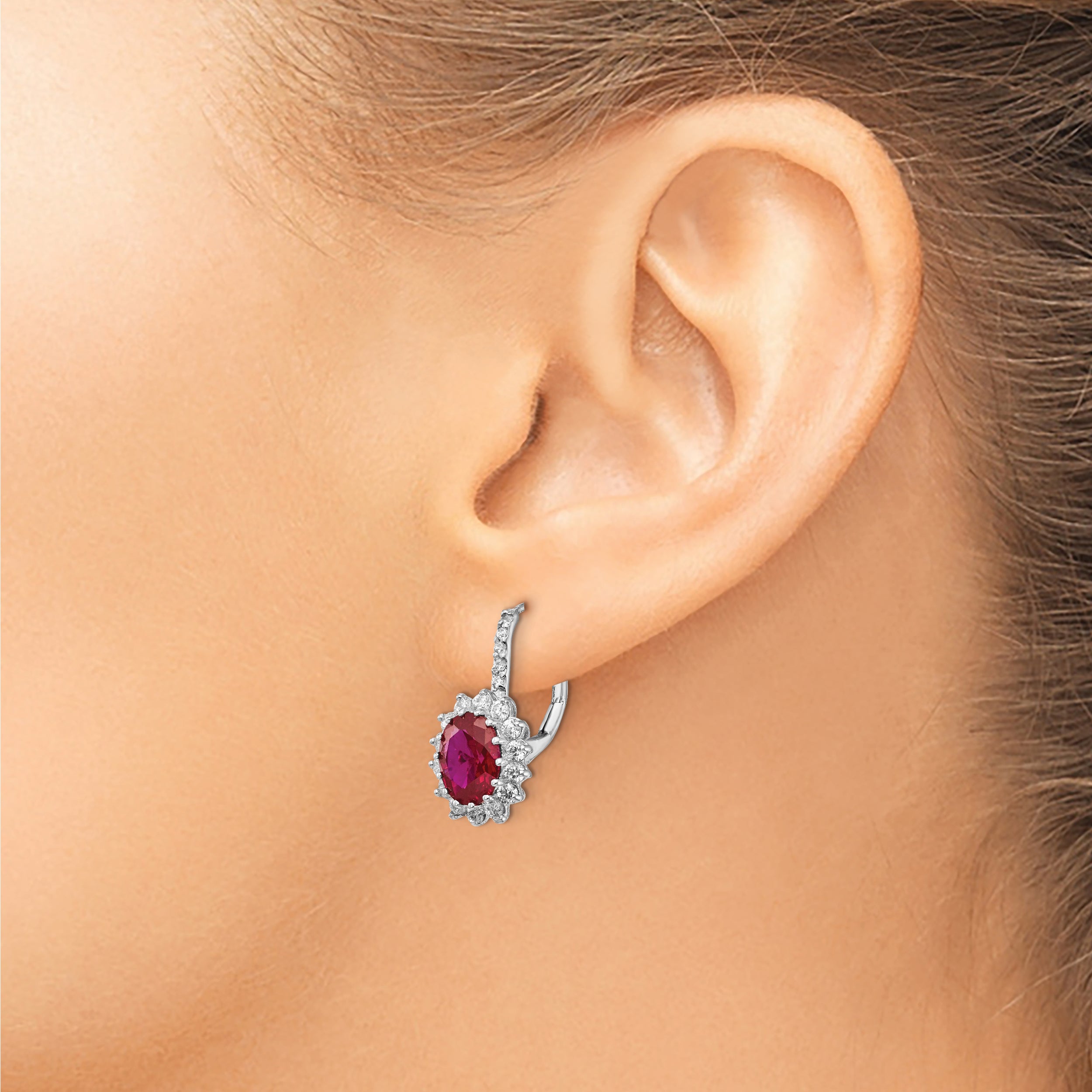 Cheryl M Sterling Silver Rhodium-plated Brilliant-cut Lab Created Ruby and Brilliant-cut White CZ Oval Halo Leverback Earrings