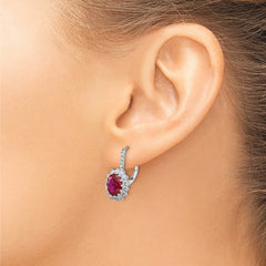 **Cheryl Sterling Silver Oval Ruby & CZ Halo Leverback Earrings  Polished & Gift Ready**