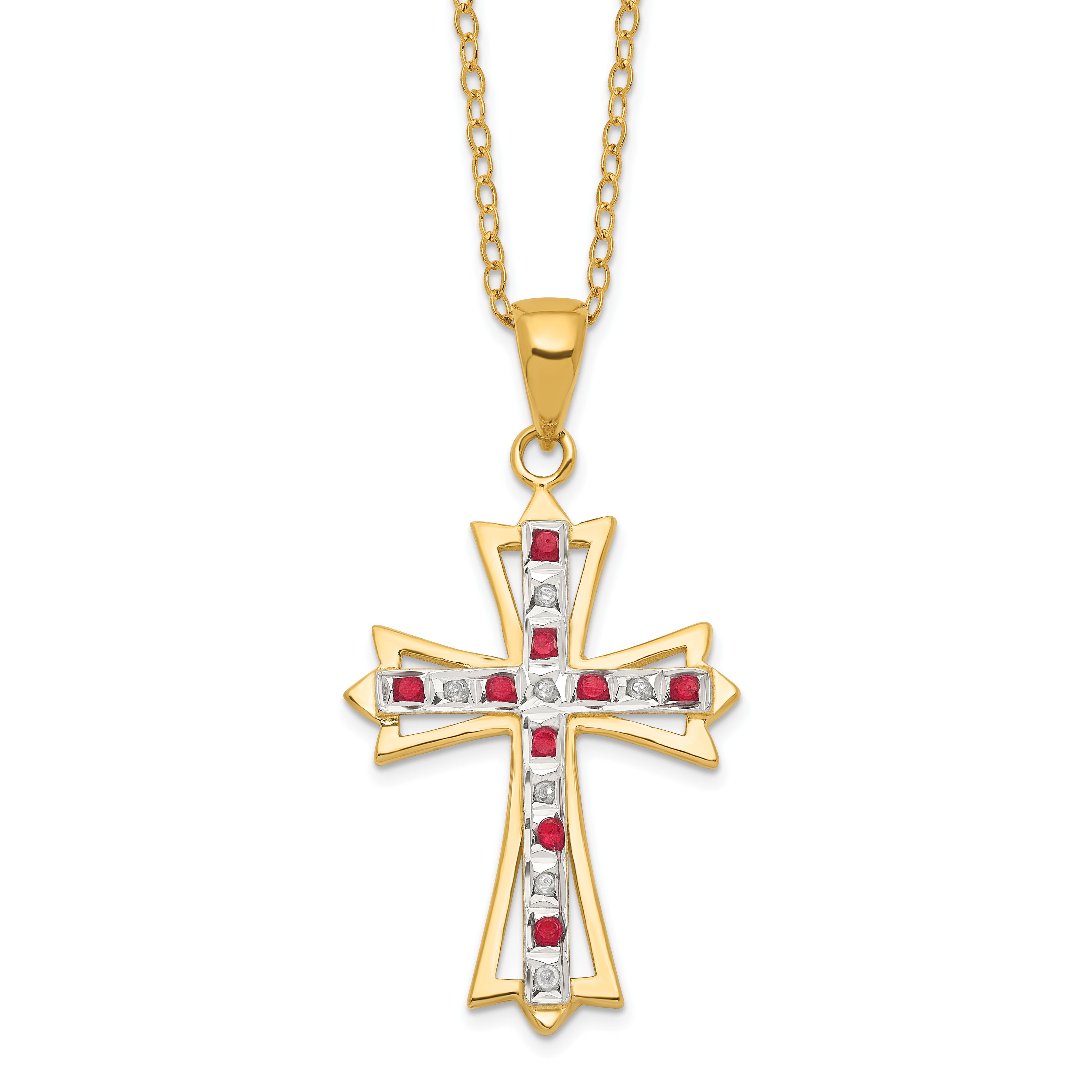 Diamond Fascination Diamond Mystique Sterling Silver 18K Gold-plated Diamond and Ruby Cross 18 Inch Necklace