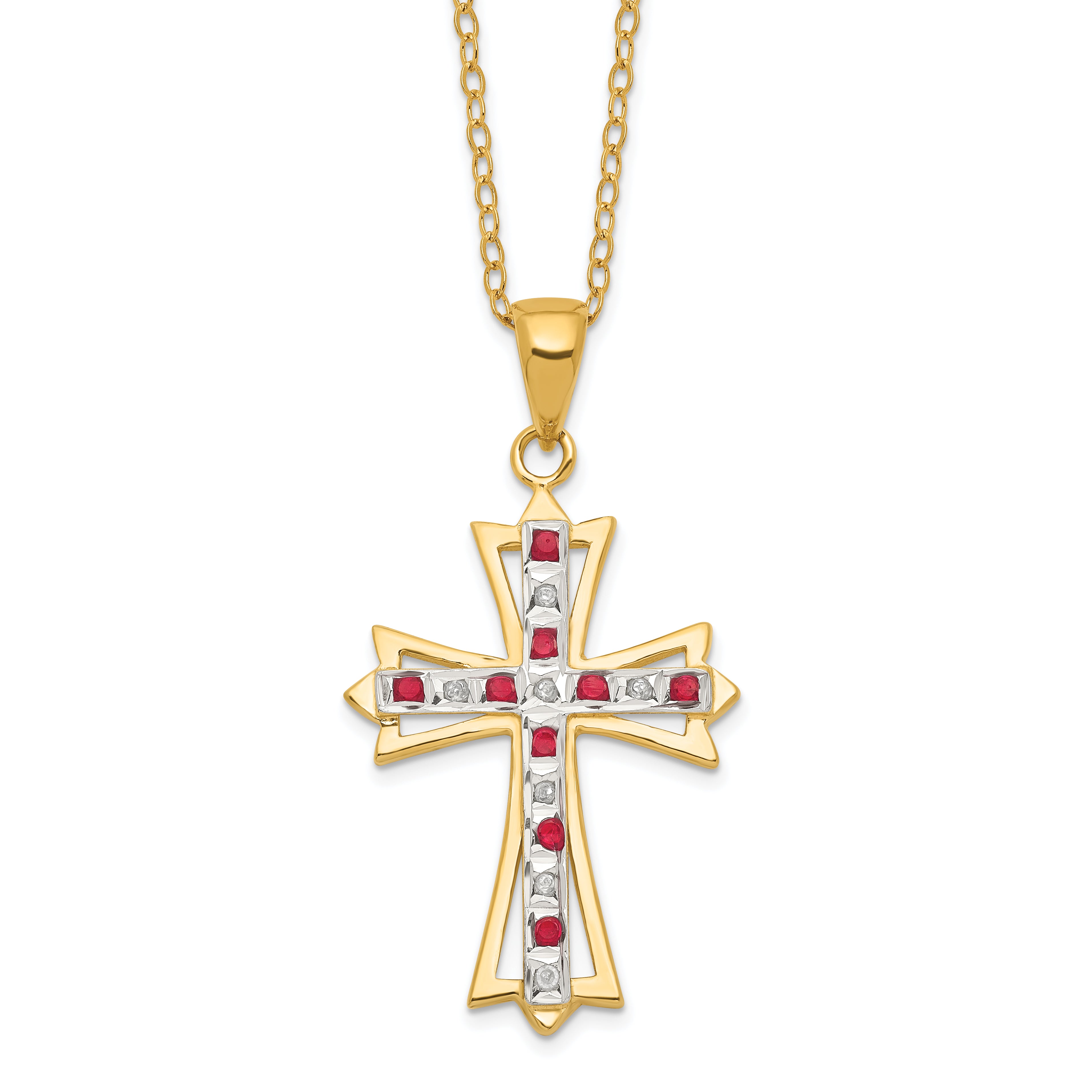 Diamond Fascination Diamond Mystique Sterling Silver 18K Gold-plated Diamond and Ruby Cross 18 Inch Necklace