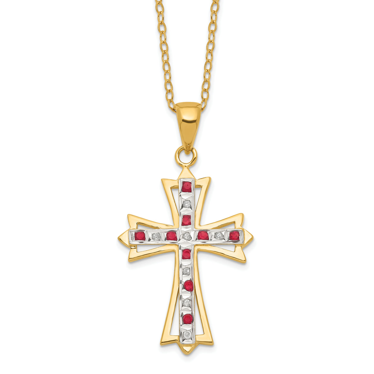 Diamond Fascination Diamond Mystique Sterling Silver 18K Gold-plated Diamond and Ruby Cross 18 Inch Necklace