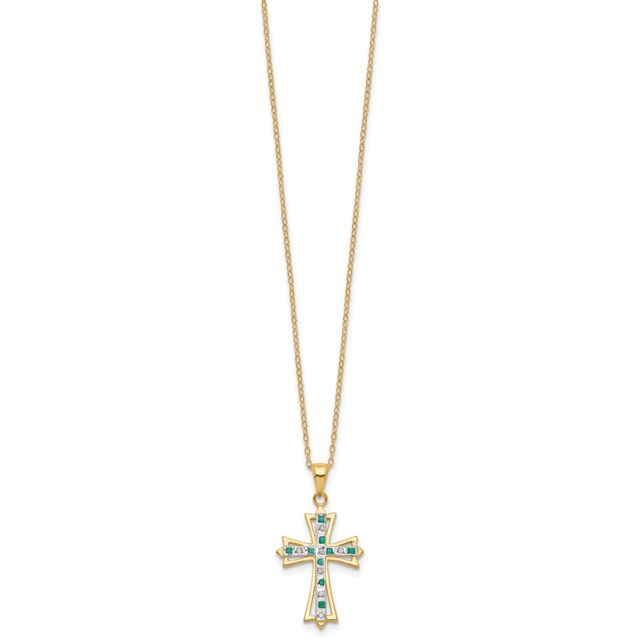 Sterling Silver Gold-Plated Diamond Emerald Cross Necklace 18 Inch