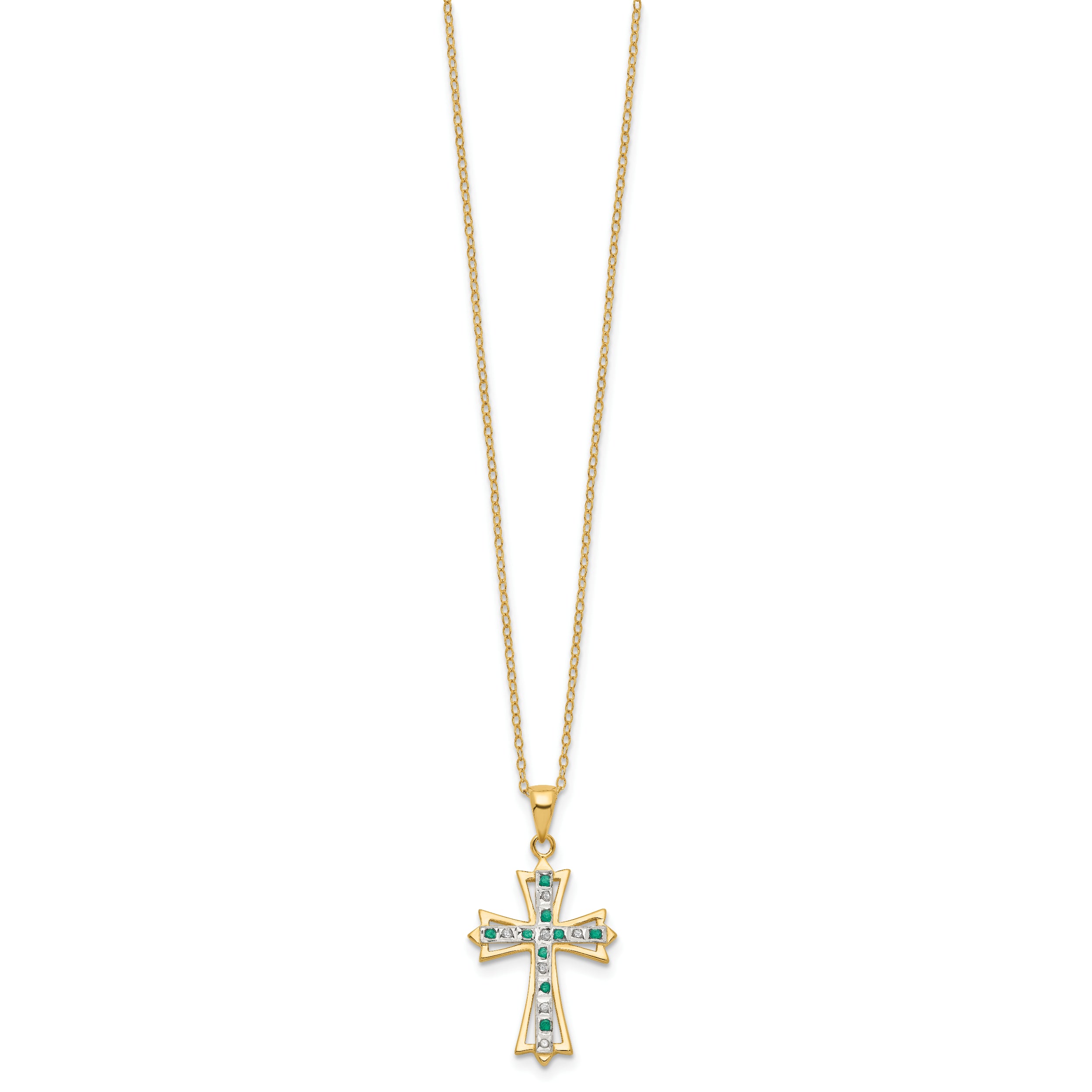 Diamond Fascination Diamond Mystique Sterling Silver 18K Gold-plated Diamond and Emerald Cross 18 Inch Necklace