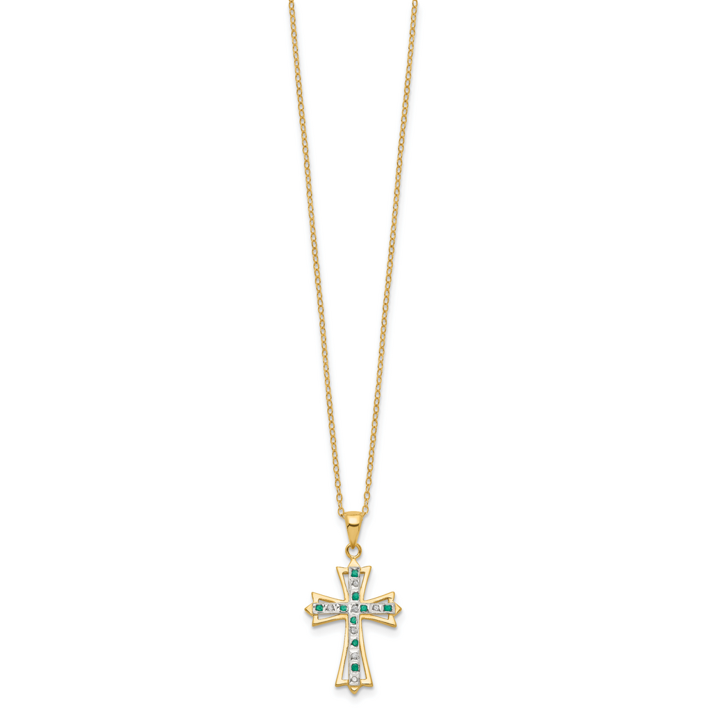 Sterling Silver Gold-Plated Diamond Emerald Cross Necklace 18 Inch