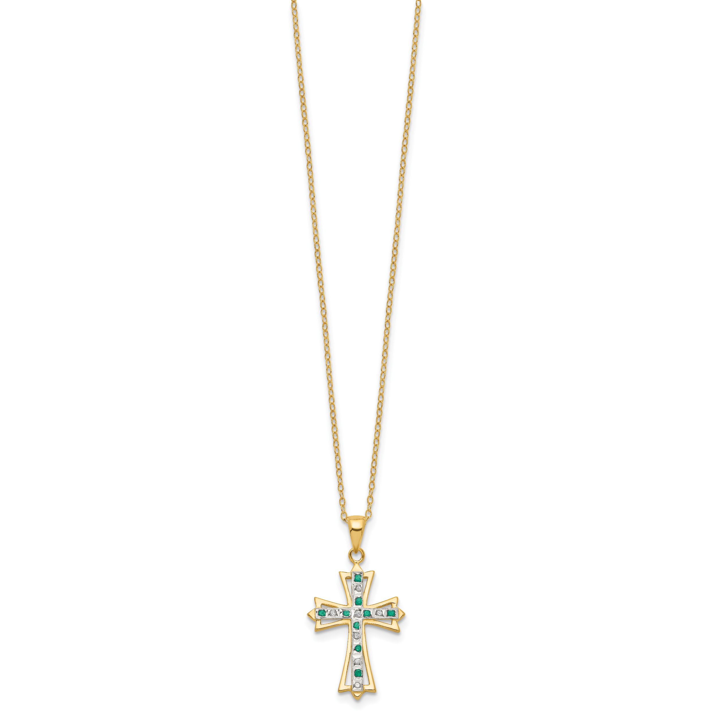 Sterling Silver Gold-Plated Diamond Emerald Cross Necklace 18 Inch
