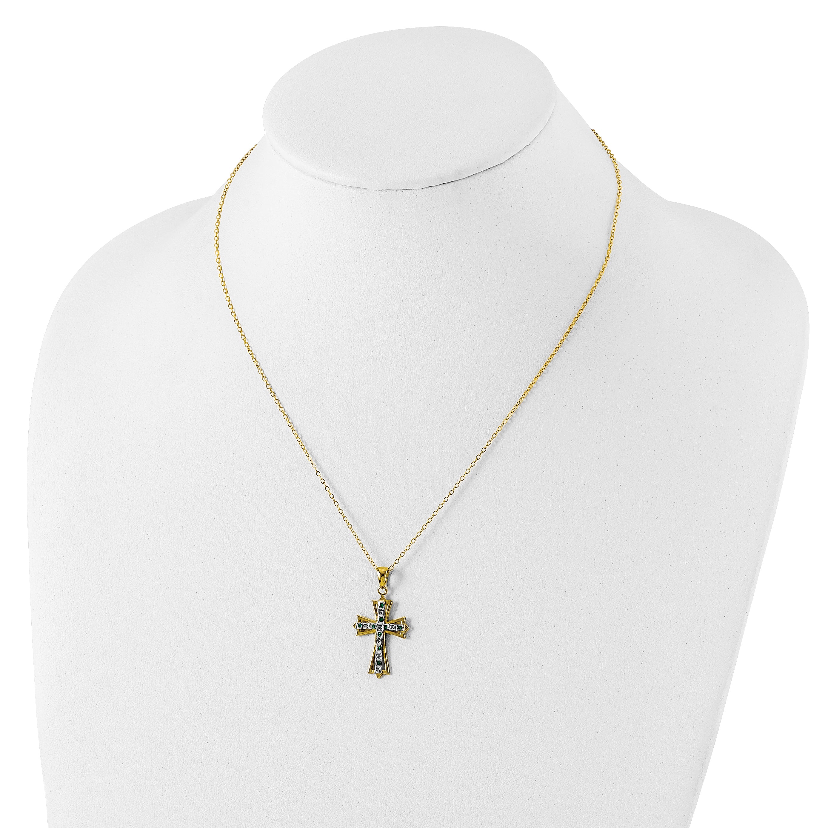 Sterling Silver Gold-Plated Diamond Emerald Cross Necklace 18 Inch