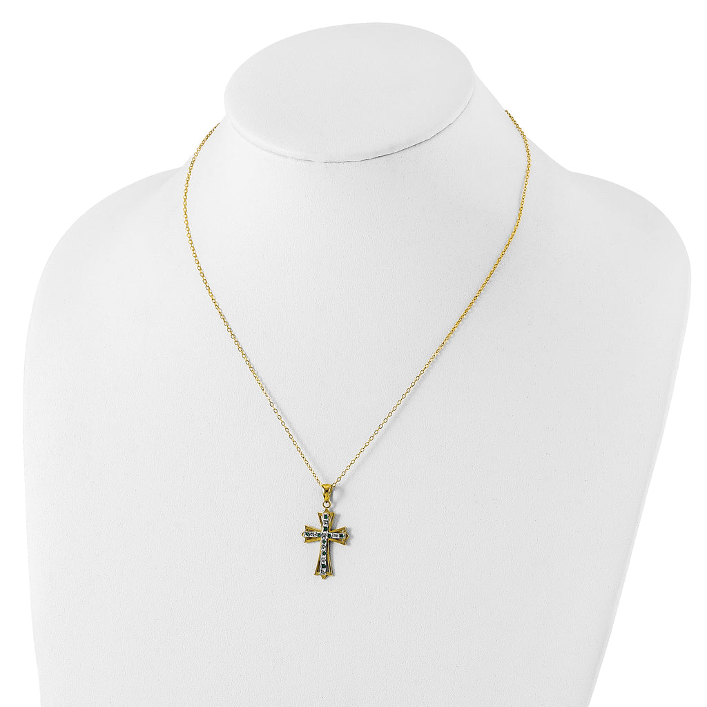 Sterling Silver Gold-Plated Diamond Emerald Cross Necklace 18 Inch