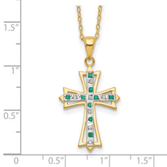 Sterling Silver Gold-Plated Diamond Emerald Cross Necklace 18 Inch