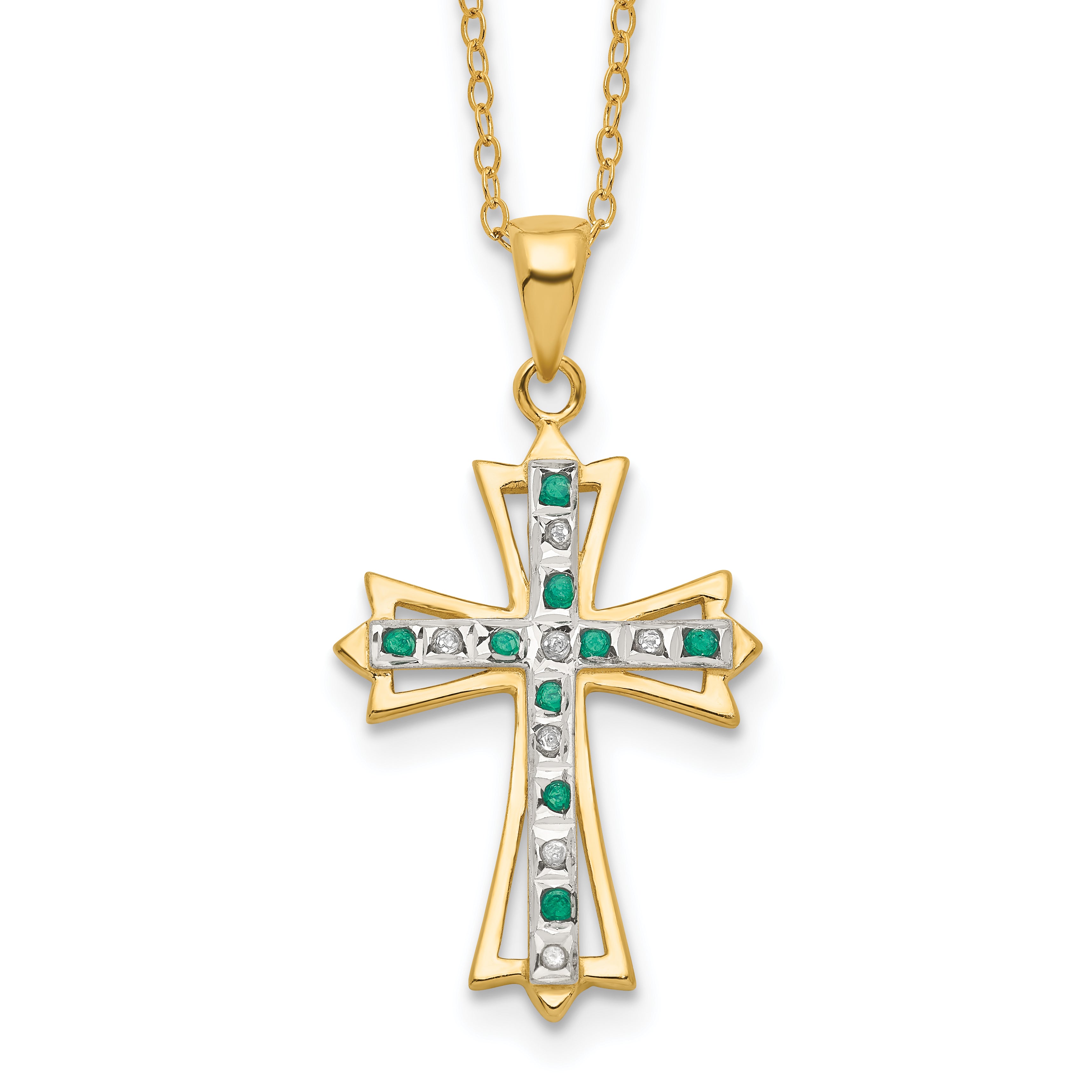 Diamond Fascination Diamond Mystique Sterling Silver 18K Gold-plated Diamond and Emerald Cross 18 Inch Necklace