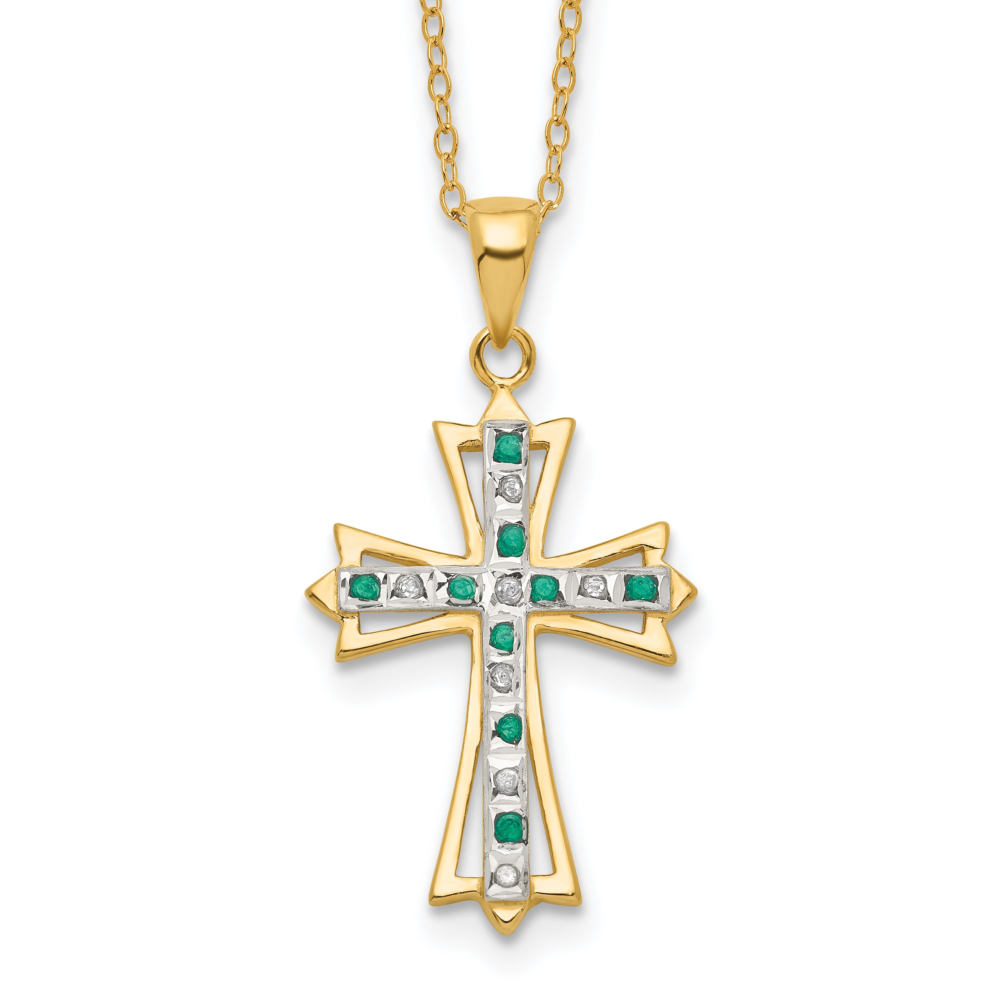 Diamond Fascination Diamond Mystique Sterling Silver 18K Gold-plated Diamond and Emerald Cross 18 Inch Necklace Main image