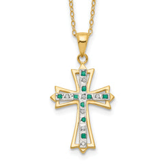 Diamond Fascination Diamond Mystique Sterling Silver 18K Gold-plated Diamond and Emerald Cross 18 Inch Necklace