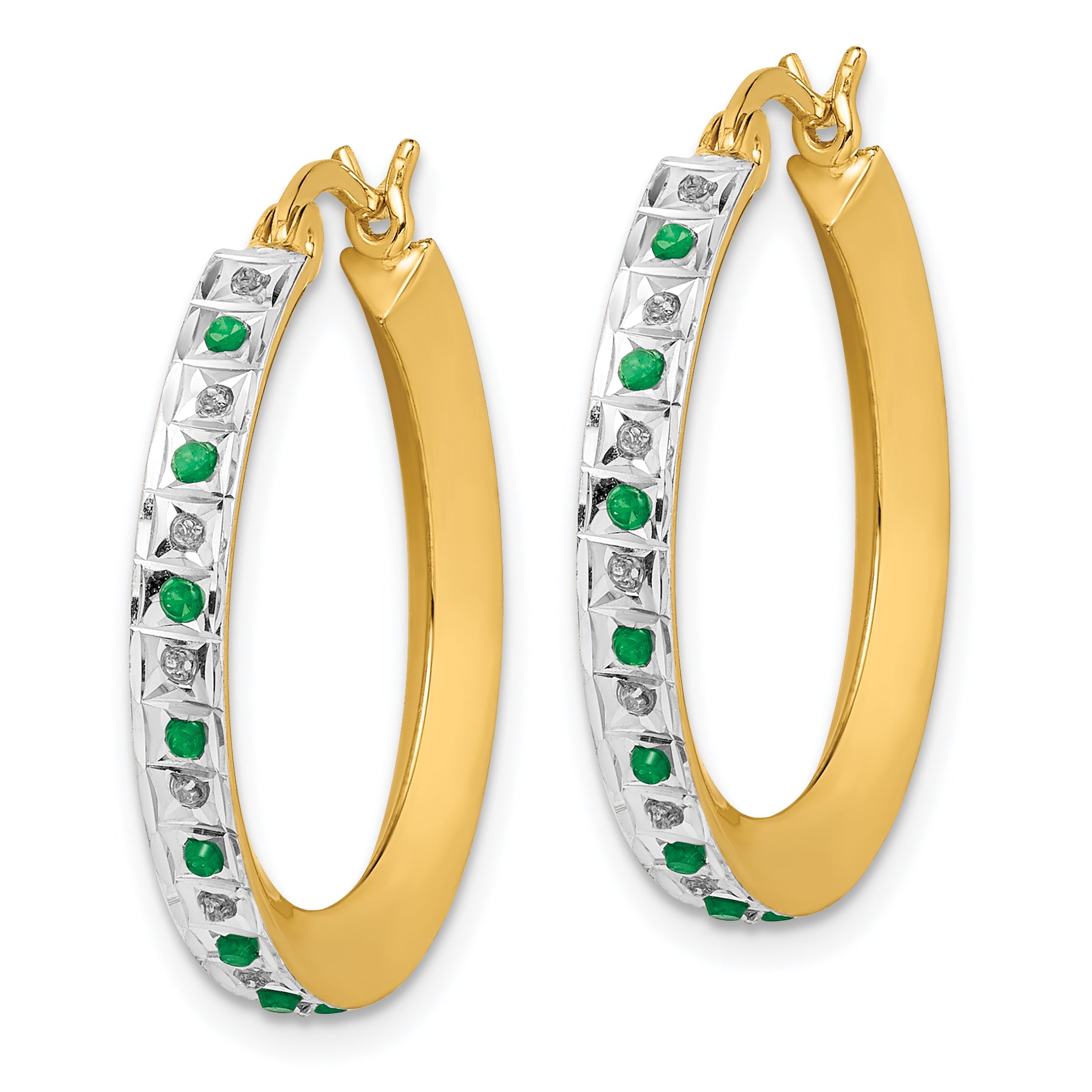 Diamond Fascination Diamond Mystique Sterling Silver 18K Gold-plated Diamond and Emerald Round Hoop Earrings