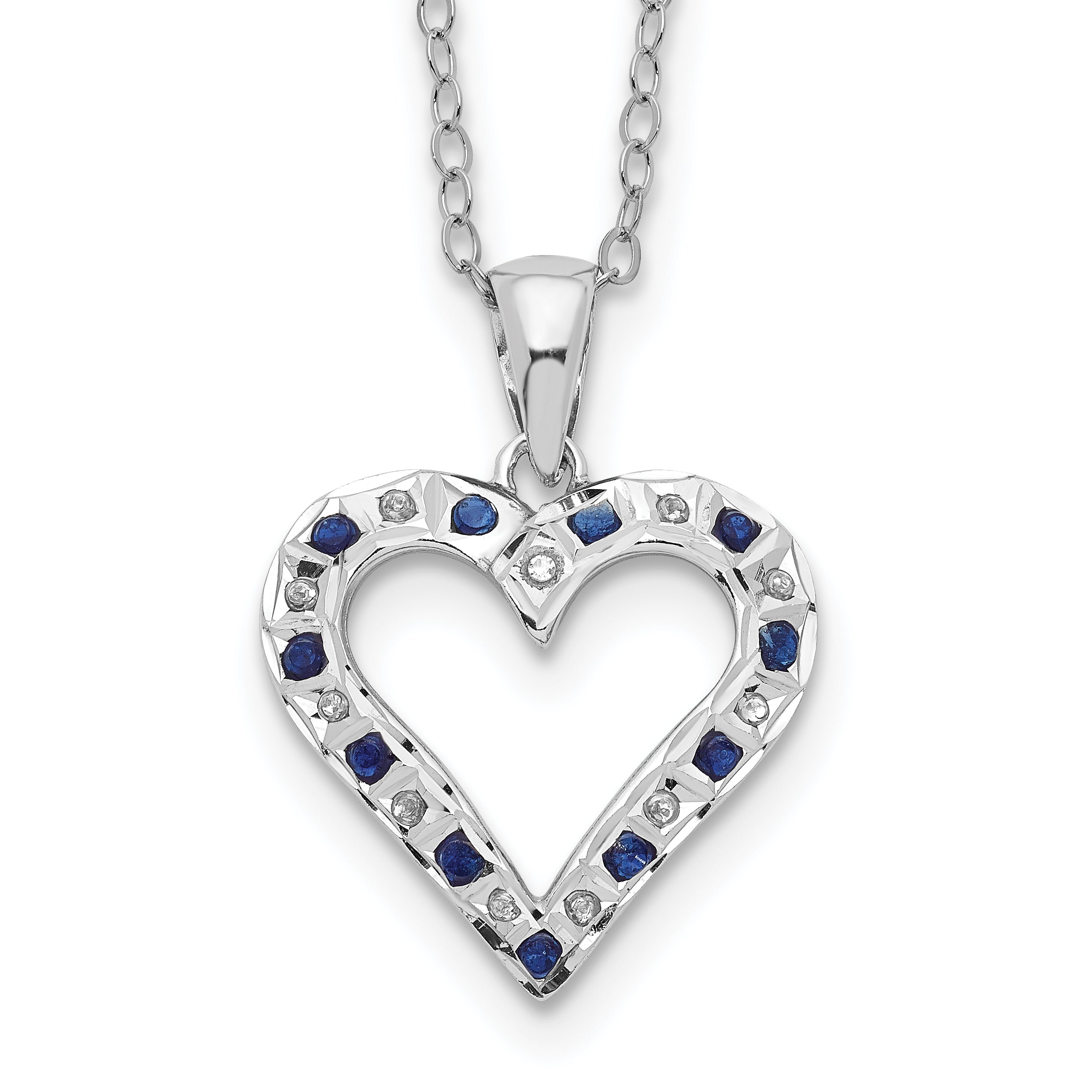 Diamond Fascination Diamond Mystique Sterling Silver Platinum-plated Diamond and Sapphire Heart 18 Inch Necklace