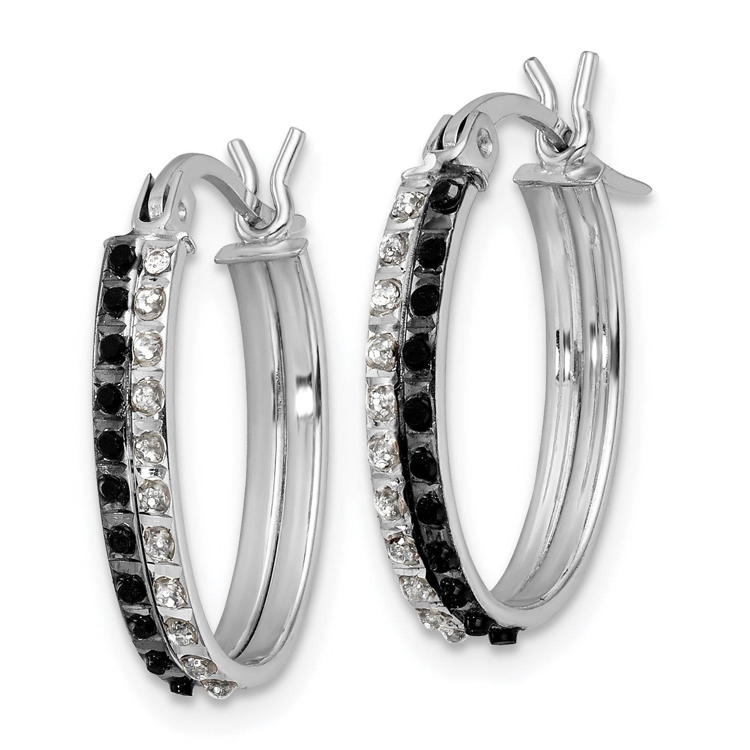 Sterling Silver Platinum-Plated Black & White Diamond Oval Hoop Earrings, Polished Finish
