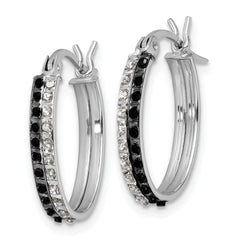 Sterling Silver Platinum-Plated Black & White Diamond Oval Hoop Earrings, Polished Finish