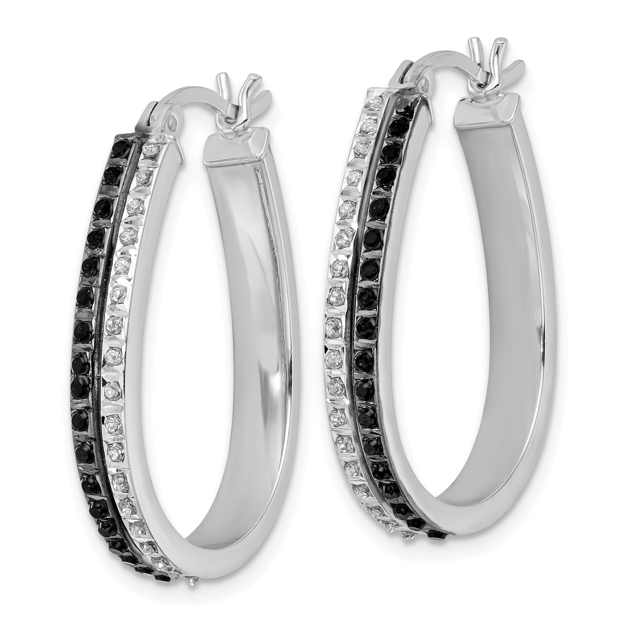 Sterling Silver Platinum-Plated Black & White Diamond Hoop Earrings   Elegant Hinged Design Secondary image