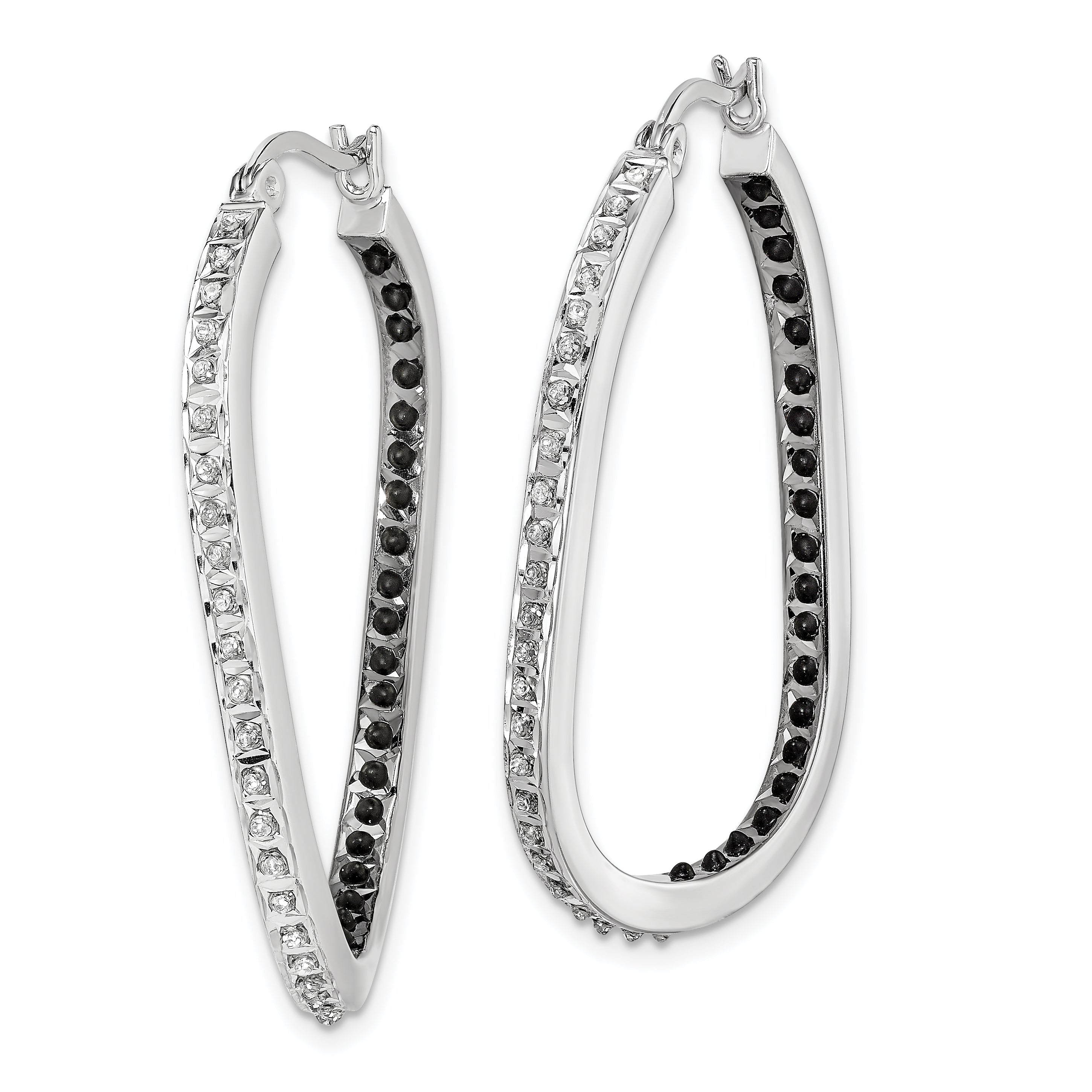 Sterling Silver Platinum-Plated Black & White Diamond Hoop Earrings  Elegant Polished Design