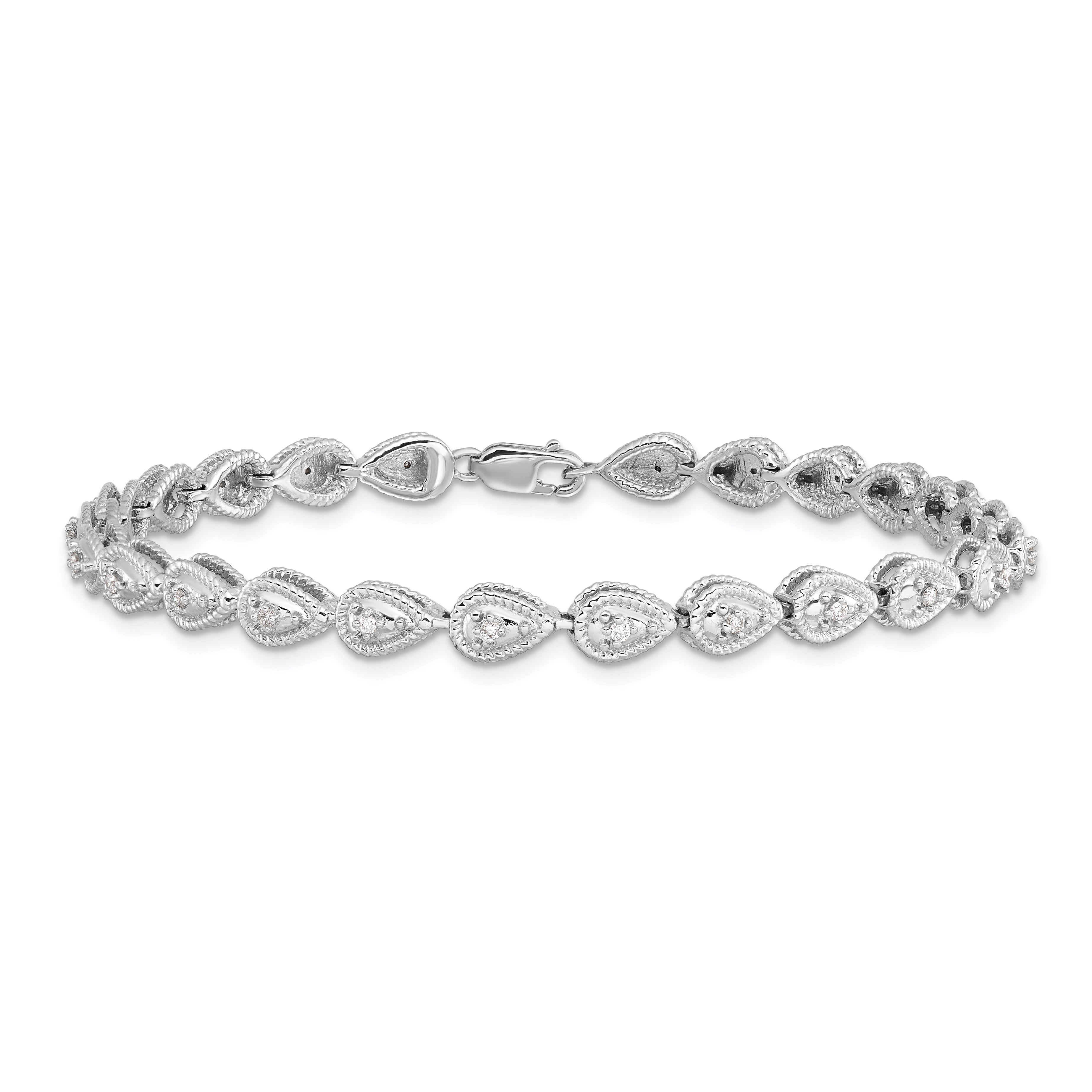 Sterling Silver Rhodium Plated Diamond Teardrop Link Bracelet