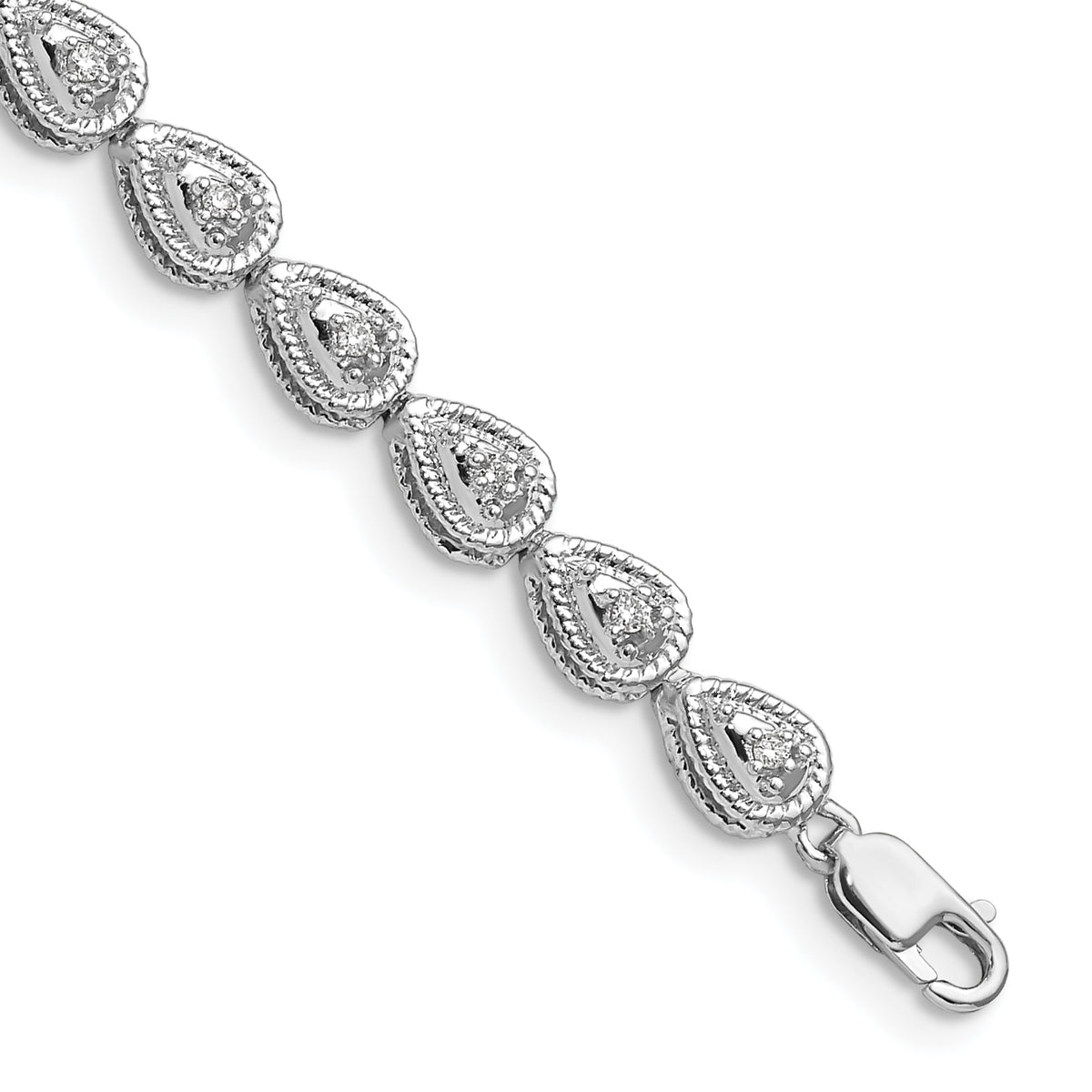 Sterling Silver Rhodium Plated Diamond Teardrop Link Bracelet