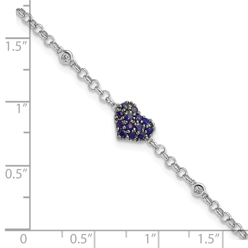 Sterling Silver Rhodium Diam. & Sapphire Heart Bracelet