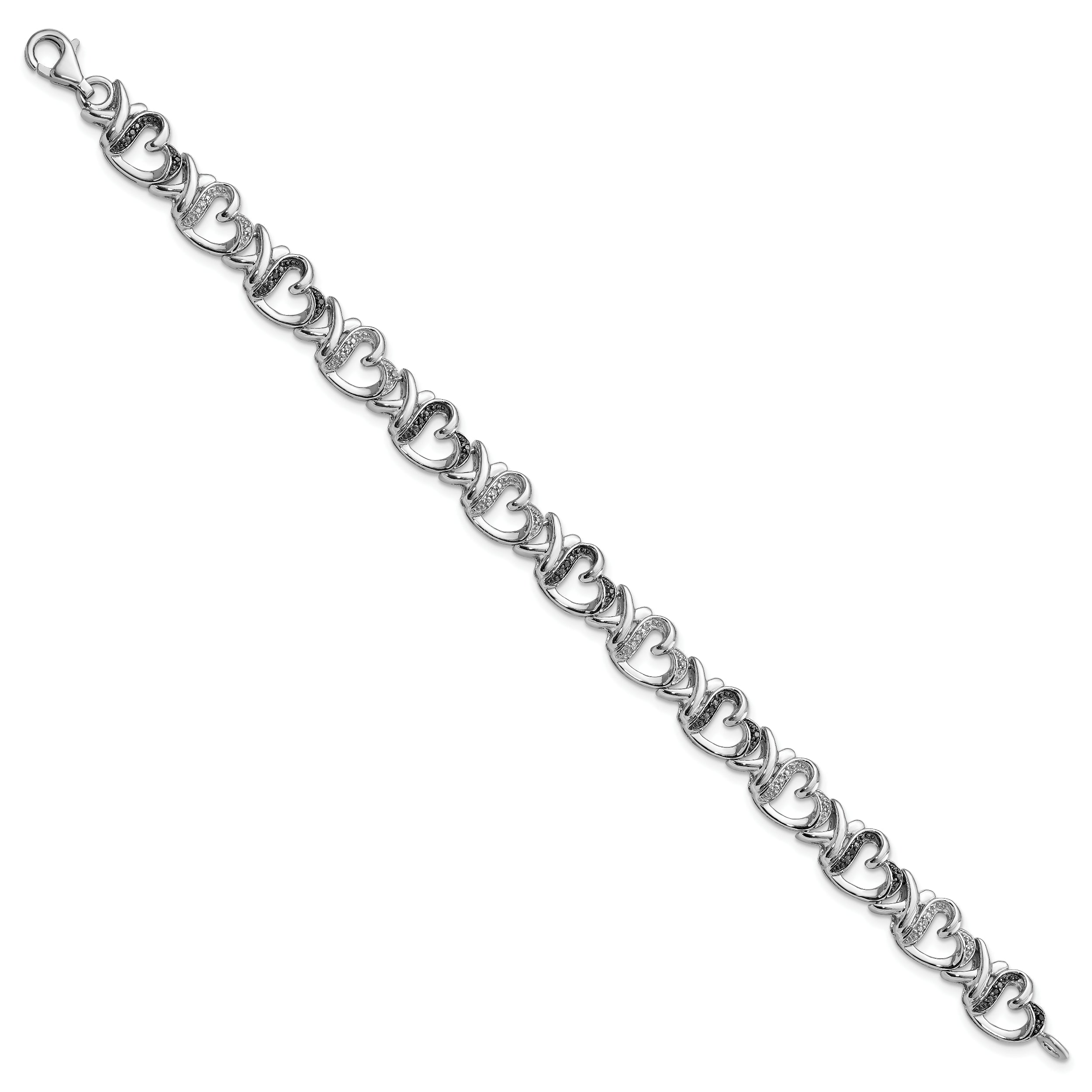 White Night Sterling Silver Rhodium-plated Black and White Diamond Heart 7.5 Inch Bracelet