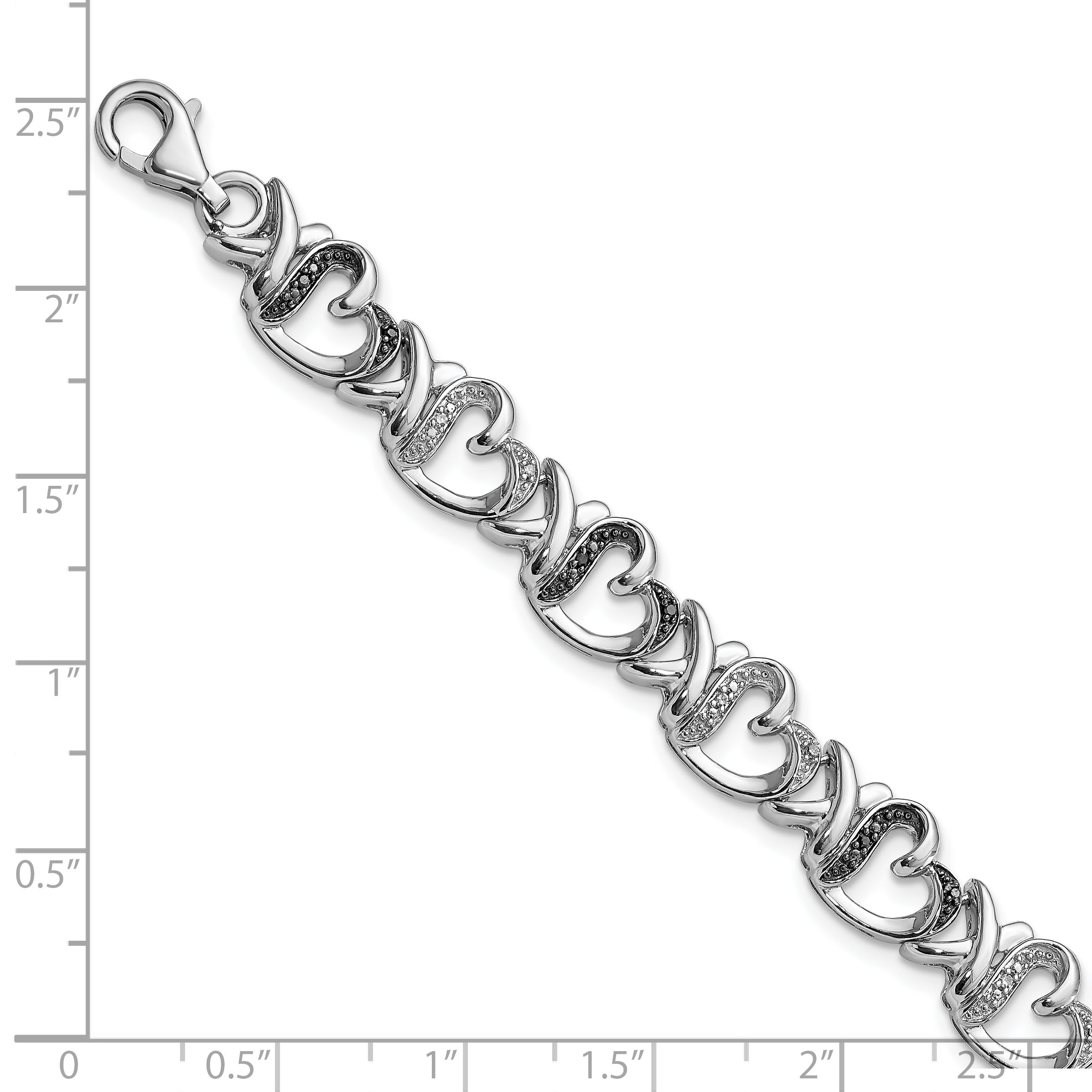 White Night Sterling Silver Rhodium-plated Black and White Diamond Heart 7.5 Inch Bracelet
