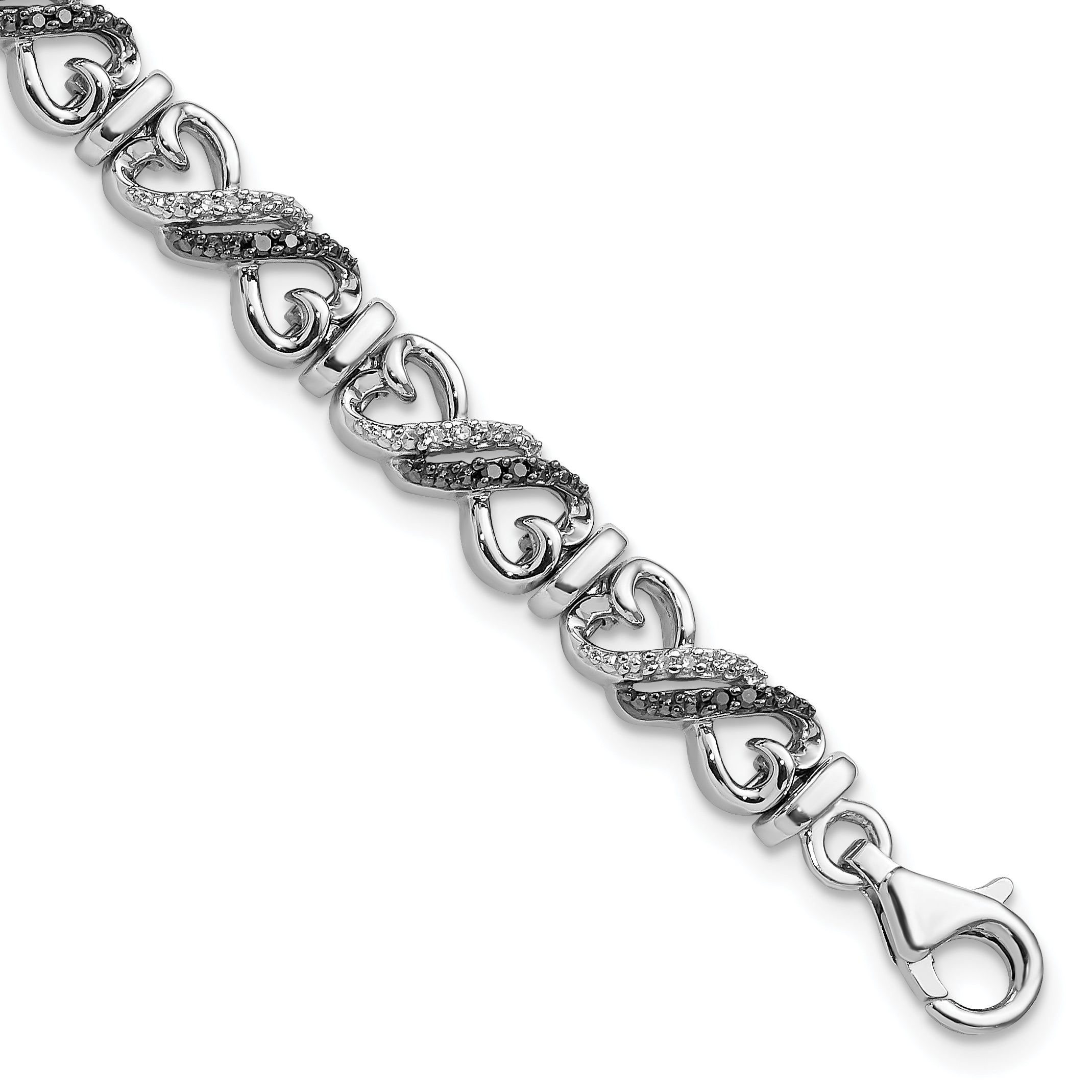 White Night Sterling Silver Rhodium-plated Black and White Diamond Infinity Heart 7.5 Inch Bracelet Main image