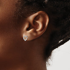 Sterling Silver Diamond Heart Earrings with Rhodium Finish, Elegant & Polished