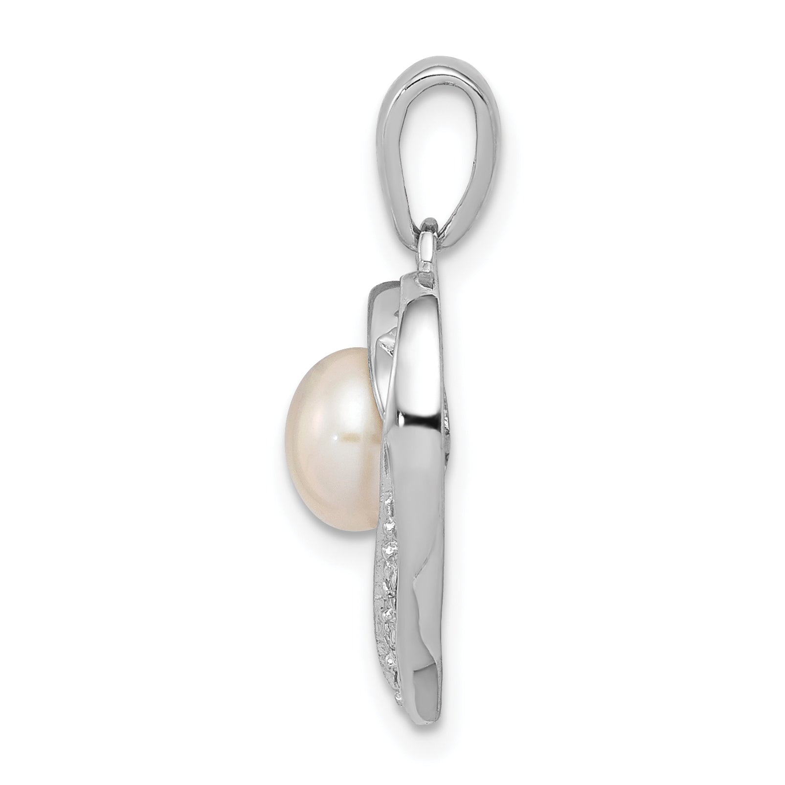 Sterling Silver Rhodium 6mm FW Cultured Pearl & Diamond Heart Pendant Secondary image