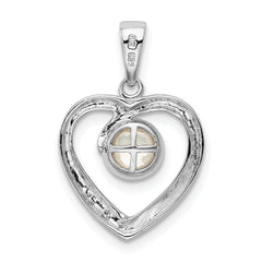 Sterling Silver Rhodium 6mm FW Cultured Pearl & Diamond Heart Pendant