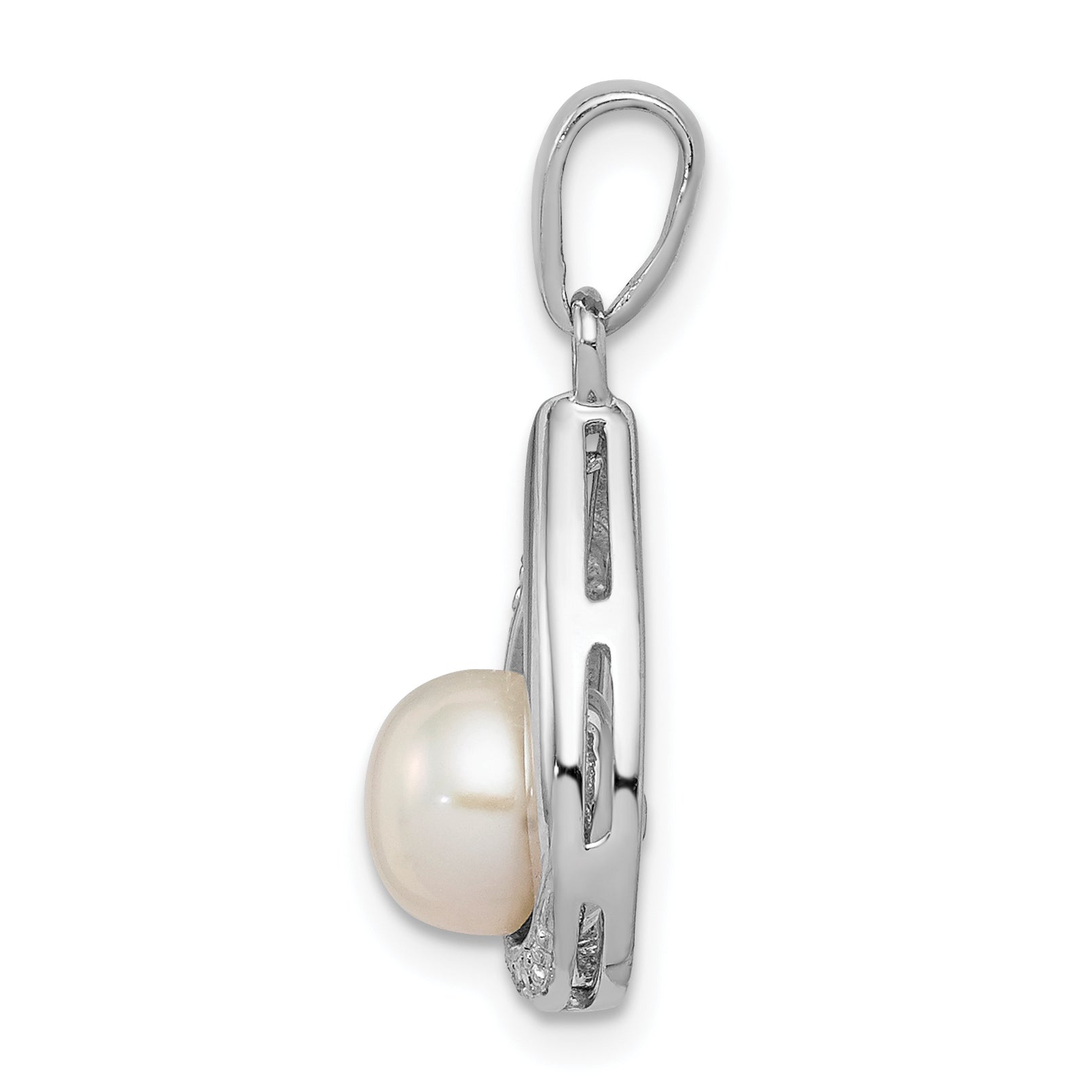 Sterling Silver Rhodium 6mm FW Cltrd Pearl & Diamond Teardrop Pendant Secondary image