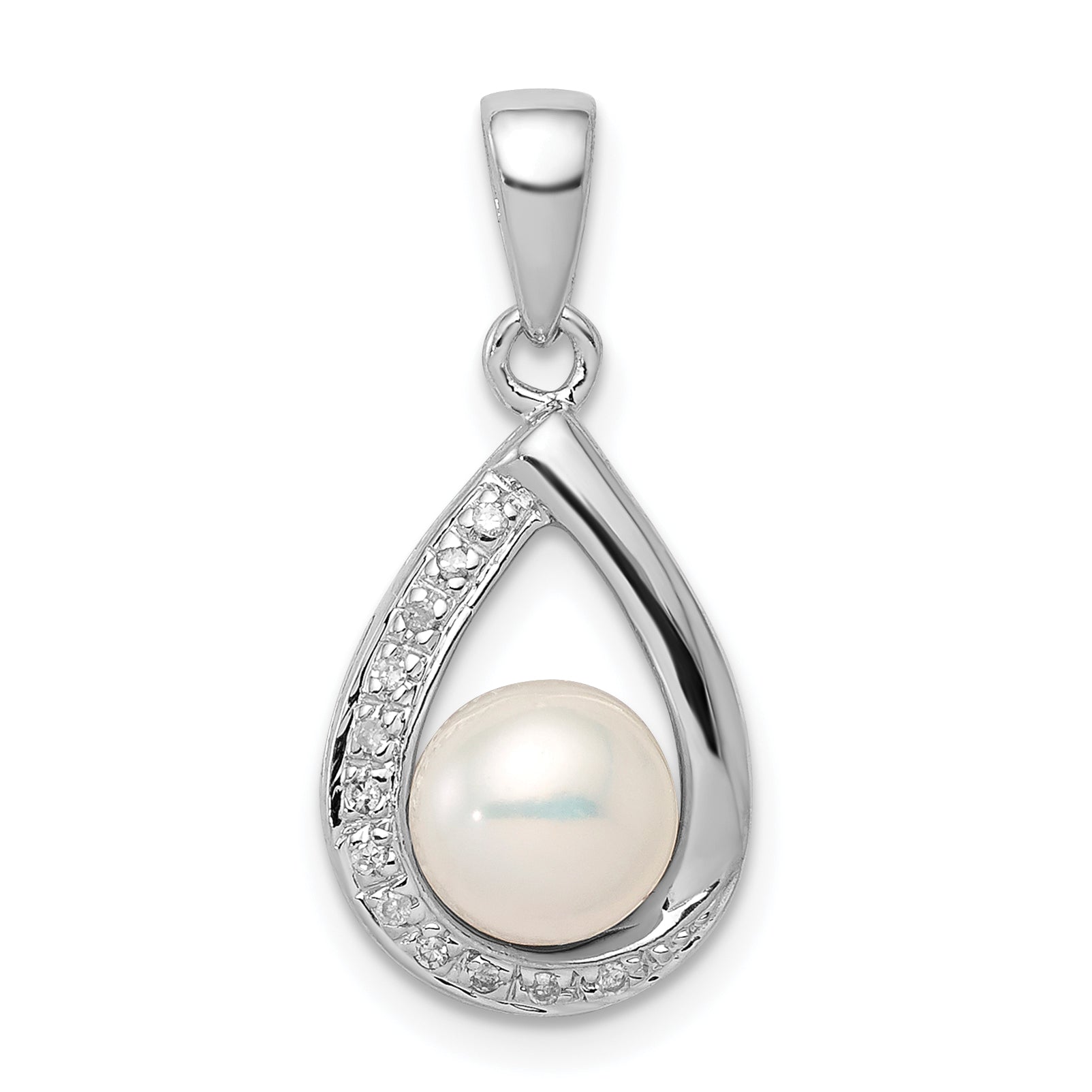 Sterling Silver Rhodium 6mm FW Cltrd Pearl & Diamond Teardrop Pendant Main image