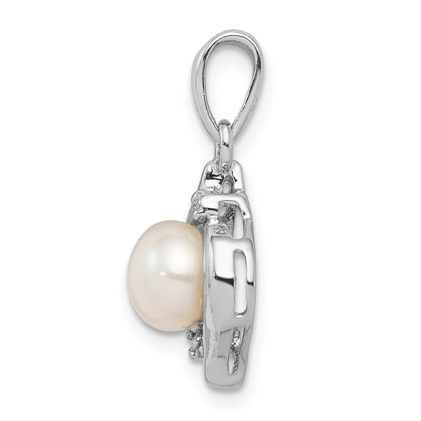 Sterling Silver Rhodium 6mm FW Cultured Pearl & Diamond Pendant Secondary image