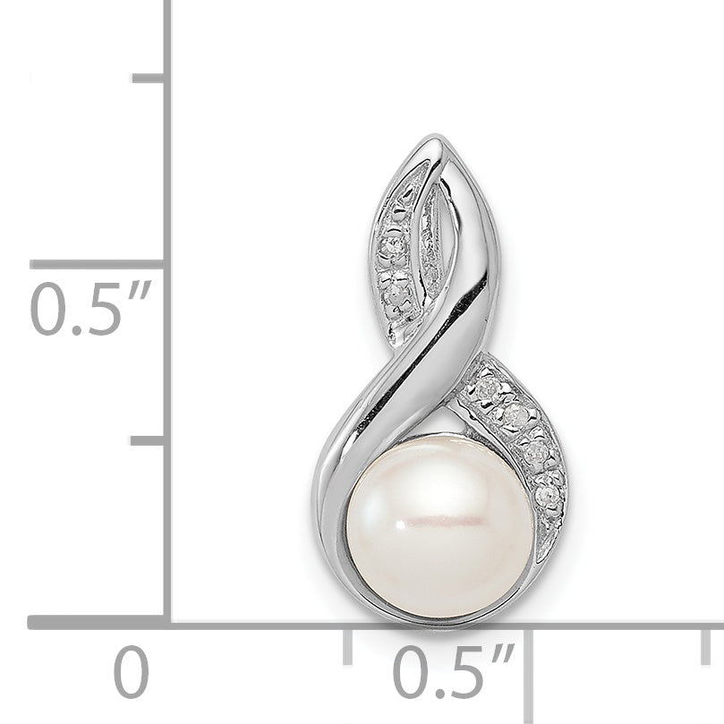 Sterling Silver Rhodium 6mm FW Cultured Pearl & Diamond Chain Slide